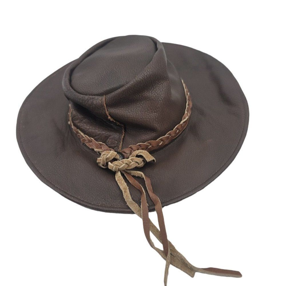 Vtg Men's Hat Cowboy Safari Rodeo Unisex Brown Distress Leather‎ Braided Band S - Picture 4 of 7